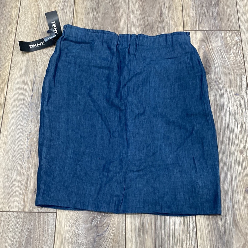 NWT DKNY 100% Linen Denim Blue Elastic Waist Knee Length Skirt 10 - Picture 5 of 16